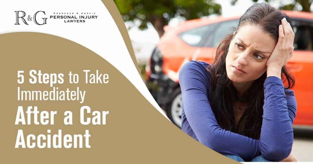 R&G Personal Injury Lawyers addressing the 5 Steps to Take Immediately After a Car Accident in an image depicting a car accident scene.
